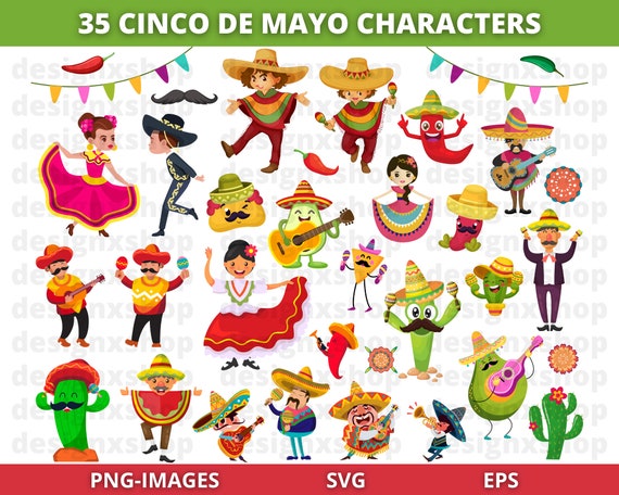 Cinco de mayo Characters Clipart, Mexico Clipart, Fiesta Clipart, Characters Clipart, Mariachi Clipart, Cinco de Mayo PNG and SVG,