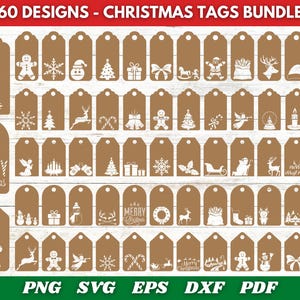 Könnte beinhalten: Ein Bundle mit 60 Weihnachtsanhänger-Designs. Die braunen Anhänger zeigen weiße Illustrationen von Weihnachtsbäumen, Schneeflocken und Lebkuchenmännern. Der Text "Merry Christmas" ist ebenfalls vorhanden. Das Bild enthält die Dateitypen: PNG, SVG, EPS, DXF und PDF.
