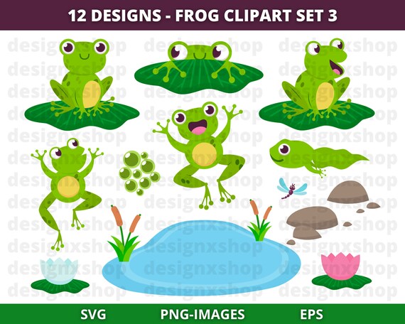 Frogs Clipart, Pond Clipart, lilypads Clipart, Summer Clipart, Dragonflies, Cute frogs, Tadpole Froglet Egg-Masses, Download SVG and PNG