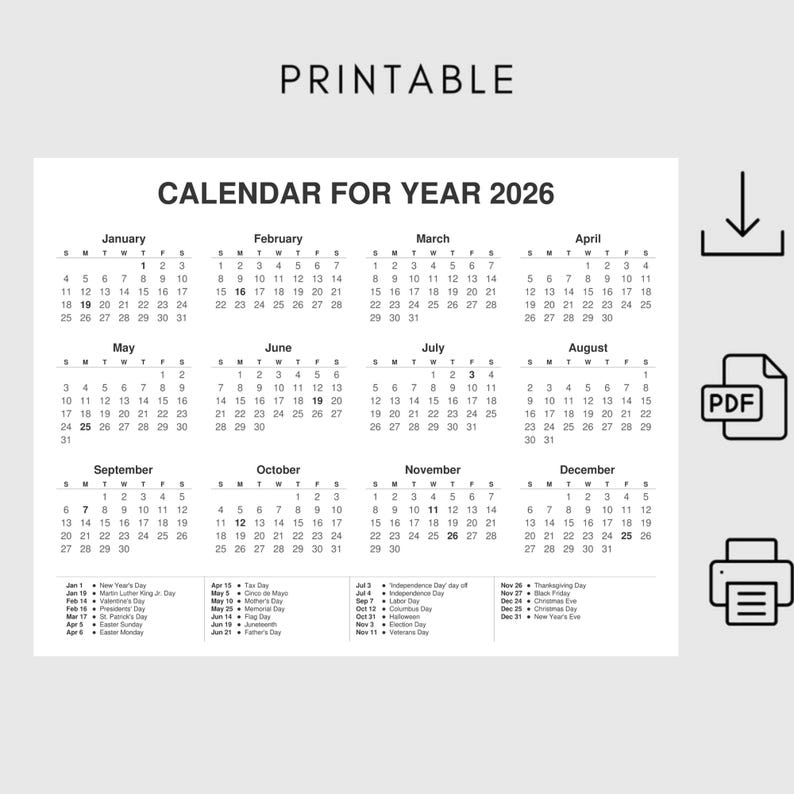 2026 Year at a Glance Calendar Printable | Full Year One Page | A4, A3 ...