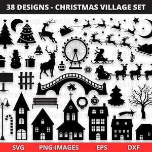 Villaggio di Natale in formato SVG, clipart del villaggio di Natale, SVG di Natale, slitta di Babbo Natale, renne in formato SVG, scena di Natale in formato SVG, file Silhouette Cut