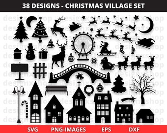 Christmas Village SVG, Christmas Village clipart, Christmas Svg, Santa Sleigh, Reindeer svg, Christmas scene svg, Silhouette Cut files
