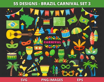 Paquete de imágenes prediseñadas del Carnaval de Brasil / 55 diseños de Río de Janeiro / Samba, máscaras, tambores, banderas y gráficos de fiesta tropical para Cricut y manualidades