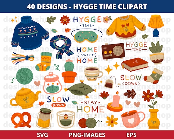 Hygge Time Clipart, Hygge clipart, Cozy Time, Winter clipart, Autumn clipart, Season clipart, Home Sweet Home, Instant Download SVG and PNG