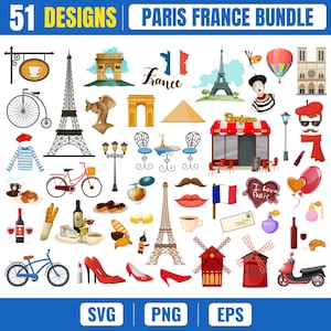 Puede incluir: Una colección digital de 51 diseños Paris France bundle que incluye ilustraciones de la Torre Eiffel, el Arco del Triunfo, la bandera francesa, bicicletas, tacones rojos, botellas de vino, baguettes, croissants, un café y otros iconos parisinos.