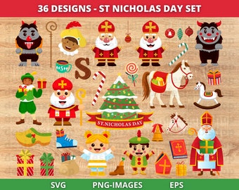 May include: A set of 36 colourful illustrations for St Nicholas Day. The illustrations include a variety of characters, objects, and symbols, such as a Christmas tree, a horse-drawn carriage, a gingerbread house, and a Father Christmas figure. The illustrations are perfect for creating festive crafts, cards, and decorations.