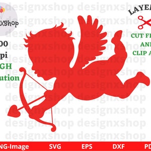 Cupid SVG, Valentine&#39;s Day Clipart, Love svg, Angel of Love Baby, Cute Cupid silhouette, Circut Cut Files, Art Bow and Arrow Flying Baby