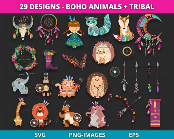 Boho Clipart, Dreamcatcher Clipart, tribal animal clipart, Boho nursery clipart, bohemian, animal clipart, instant download SVG and PNG