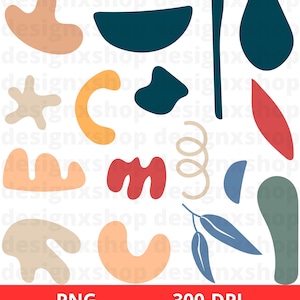 May include: Abstract shapes in various colors, including teal, orange, red, beige, and blue. The shapes are arranged in a random pattern on a white background.