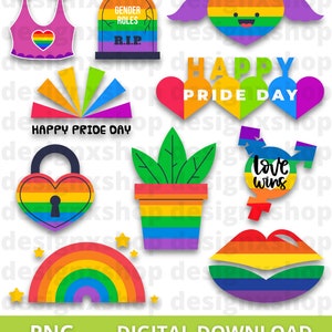 May include: A collection of rainbow-themed digital stickers featuring a pink tank top, a tombstone labeled GENDER ROLES R.I.P., a winged heart, text reading HAPPY PRIDE DAY, a heart-shaped padlock, a potted plant, a symbol with love wins, and lips.