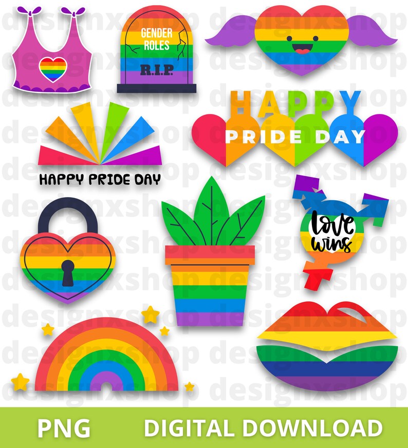 May include: A collection of rainbow-themed digital stickers featuring a pink tank top, a tombstone labeled GENDER ROLES R.I.P., a winged heart, text reading HAPPY PRIDE DAY, a heart-shaped padlock, a potted plant, a symbol with love wins, and lips.