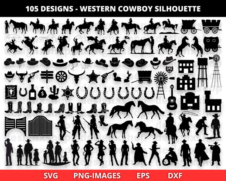Op de afbeelding: Een set van 105 zwart-witte silhouetontwerpen met western-cowboythema's. De ontwerpen omvatten cowboys, paarden, laarzen, hoeden, cactussen, hoefijzers, wagens en gebouwen.