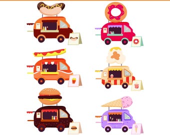 May include: A digital collection of six food truck illustrations featuring various snacks on their roofs, including a hot dog, donut, taco, popcorn, burger, and ice cream cone. Each truck has a matching sign and the text 06 DESIGNS FOOD TRUCK CLIPART SET 2.