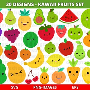 Kawaii Obst Clipart, Obst Clipart, süßes Cartoon-Obst-Bundle, süßes Obst Clipart, Lebensmittel Clipart, Sommer, fröhliches Essen Clipart, SVG und PNG