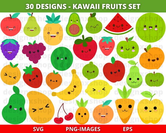 Kawaii Fruit clipart, Fruits clipart, Cute cartoon fruits bundle, Cute Fruit Clipart, Food Clipart, Summer, happy food clipart, SVG and PNG