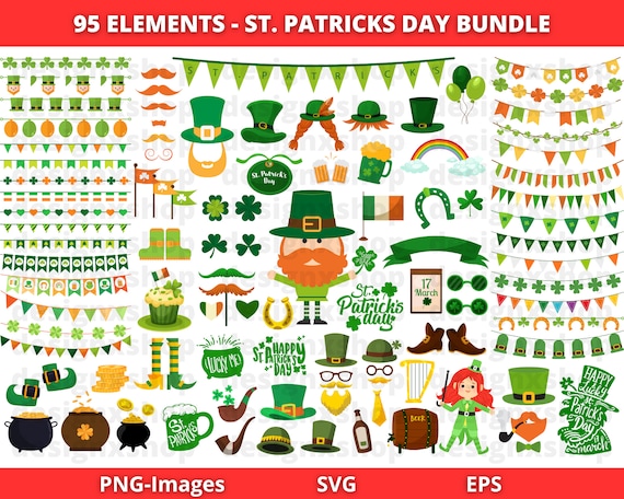 St Patrick's Day clipart, Irish clipart, St Patricks Day graphics, Shamrock, Leprechaun, Garland clipart, Instant Download PNG SVG