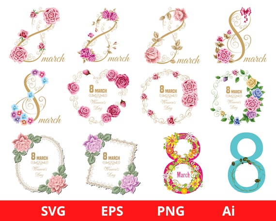 8 March Women’s Day SVG, Watercolor Flowers, Feminism clipart, Card Design, Women's Day, Transparent PNG, Instant Download