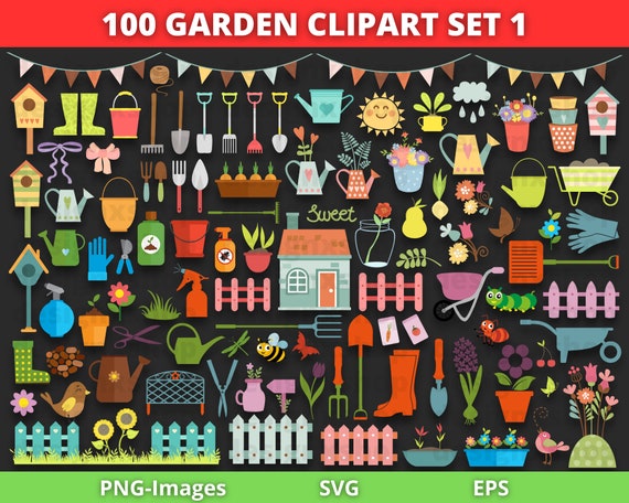Gardening clipart, Garden clipart, Spring clipart, Greenhouse, Vegetables, Flowers, Garden Tools, Plants, Fence, Farming PNG and SVG Files
