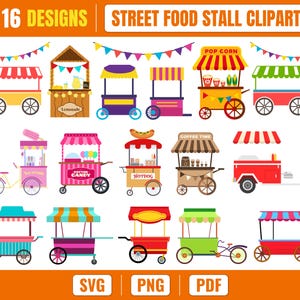 May include: A collection of 16 colorful street food stall clipart designs featuring various carts with striped awnings, wheels, and bunting. The set includes illustrations of lemonade, popcorn, cotton candy, hotdog, and coffee stands in SVG, PNG, and PDF formats.