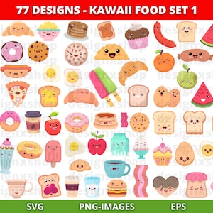 Clipart nourriture Kawaii, clipart nourriture, Kawaii SVG Bundle, clipart nourriture mignonne, clipart sucré, été, Clipart nourriture dessin animé, téléchargement SVG et PNG