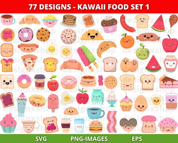 Kawaii Food Clipart, Food clipart, Kawaii SVG Bundle, Cute food clipart, Sweet clipart, Summer, Cartoon Food Clipart, Download SVG and PNG