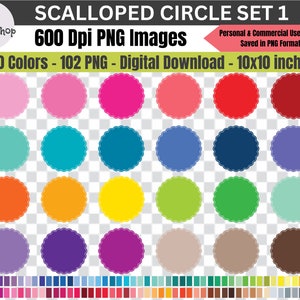 Scalloped Circle Clipart, Circle Clipart, Rainbow Circle Planner Clipart, Circle Frames Clipart, labels, tags, frames, Digital Download PNG