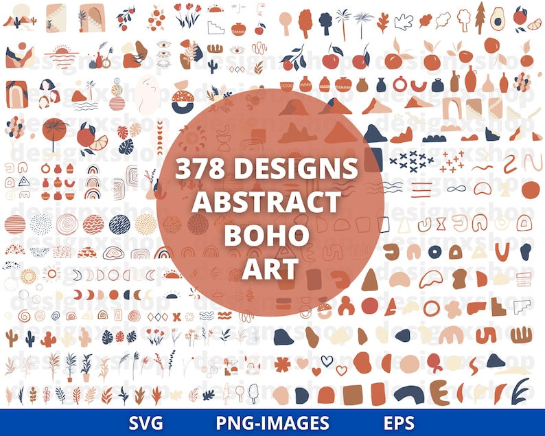 May include: A collection of 378 abstract boho art designs in SVG, PNG, and EPS formats. The designs feature a variety of shapes, colors, and patterns, including circles, squares, triangles, lines, dots, and swirls. The colors are mostly muted and earthy tones, such as beige, brown, orange, and blue.