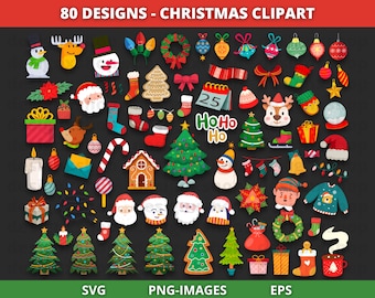 Clipart de Navidad, SVG de Navidad, Baratijas de Navidad, Clipart de vacaciones, Clipart de Papá Noel, Alegre y brillante, Clipart de caras navideñas, PNG
