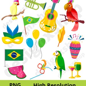 May include: A set of colorful illustrations featuring Brazilian cultural icons, including a parrot, a guitar, a trumpet, a mask, a watermelon slice, a flag, balloons, a drum, and a feather.