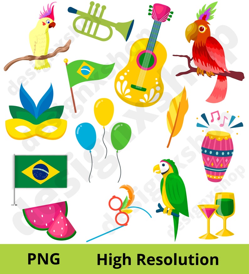 May include: A set of colorful illustrations featuring Brazilian cultural icons, including a parrot, a guitar, a trumpet, a mask, a watermelon slice, a flag, balloons, a drum, and a feather.