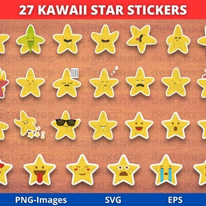 かわいい星のクリップアート、かわいい星のクリップアート、星のステッカー、幸せな面白い顔の絵文字表現、デジタルステッカー、星の絵文字、SVG PNG EPS