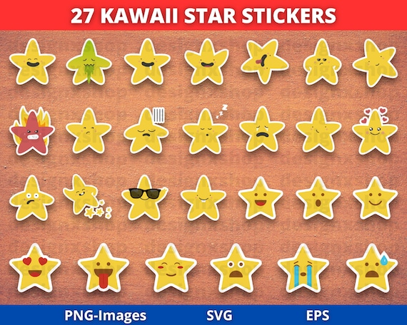 Kawaii Star Clipart, Cute Stars Clip Art, Star Stickers, Happy Funny Face Emoji Expression, Digital Stickers, Star Emojis, SVG PNG EPS