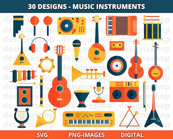 Musical Instruments Clipart | Music Bundle | Guitar | Violin | Drums | Xylophone | Brass | Woodwind | Piano | Trumpet | Orchestra | PNG SVG