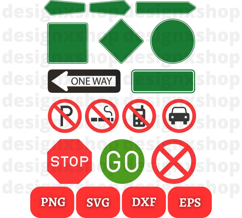 May include: A set of 12 green and red traffic signs with black and white symbols. The signs include: stop, go, no parking, no smoking, no cell phone, no cars, one way, left arrow, right arrow, and blank signs. The signs are in a digital format and are available in PNG, SVG, DXF, and EPS file formats.