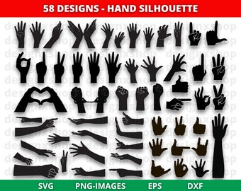 Hand SVG, Silhouette Hand svg, Raised Hand Clipart, Peace Sign Silhouette, Waving Hand Vector, Human Hand Svg, Hand Symbols - SVG and PNG