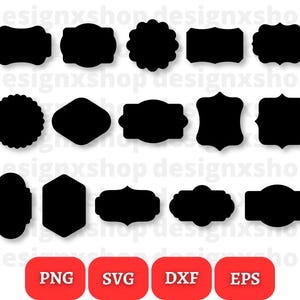 May include: A set of 16 black and white silhouette frame shapes for digital design projects. The frames are in various shapes, including circles, squares, rectangles, and ovals. The frames are perfect for adding a touch of elegance to your designs.