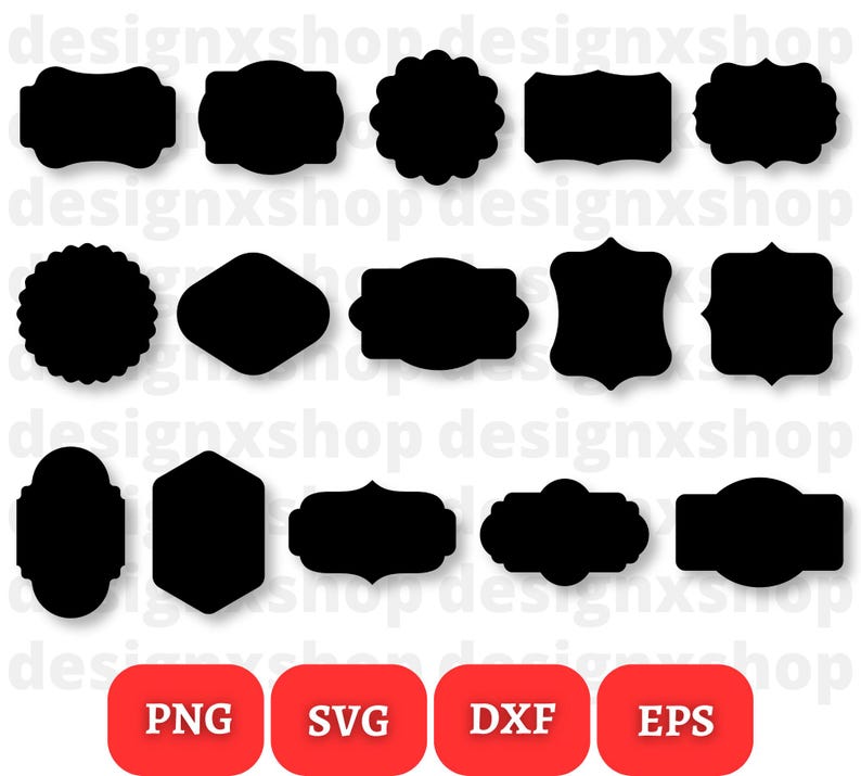 May include: A set of 16 black and white silhouette frame shapes for digital design projects. The frames are in various shapes, including circles, squares, rectangles, and ovals. The frames are perfect for adding a touch of elegance to your designs.