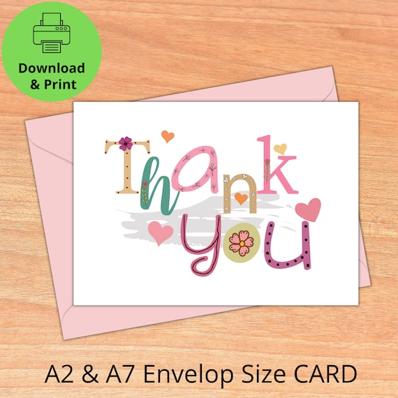 Thank You Printable Card, Greeting Card Template, Floral Heart Card, Instant Download PDF