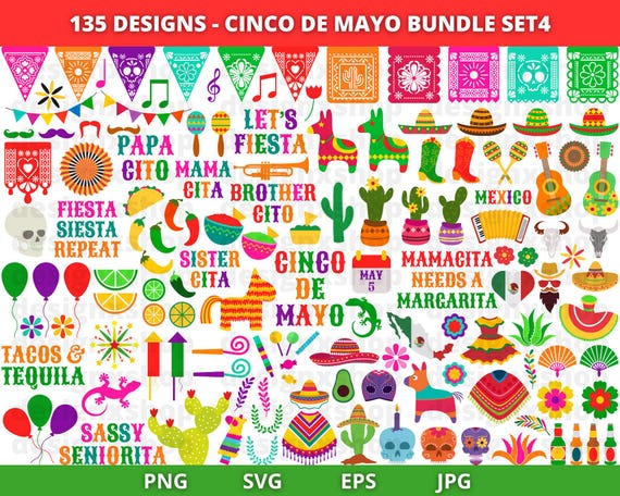 Cinco de Mayo clipart, Mexico clip art, Fiesta clipart, Mexico svg, Cinco de mayo svg bundle, Cactus, Tequila, Guitar, Sombrero, Piñata
