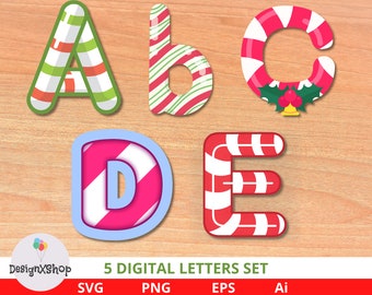 Candy Cane Alphabet, Christmas Candy Cane Alphabet, Candy Cane Clipart, Alphabet Bundle, Candy Cane Alphabet Bundle, Digital Download
