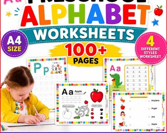 Förskola Förskola + Dagisinlärningspaket | +100 sidor | UTSKRIVBARA Arbetsblad | Alfabet, Prick till prick, Följ, Färglägg, Synord