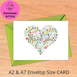 Carte imprimable Merci, modèle de carte, carte coeur floral, téléchargement immédiat PDF, JPG et PNG Transparent
