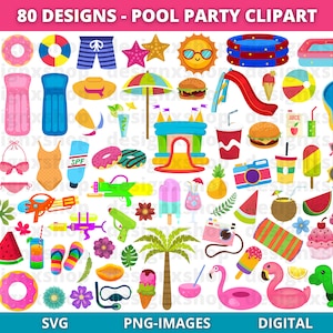 Zwembadfeest clipart, zomer clipart, zwembad graphics, zwemmen, ananas, barbecue, ijslollys, zwemmen, plezier, verjaardag, feest clipart