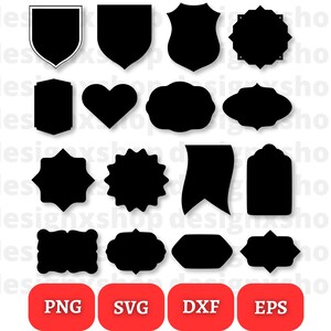 May include: A set of 18 black silhouette shapes for crafting and design projects. The shapes include shields, hearts, banners, stars, and various frames. The shapes are in PNG, SVG, DXF, and EPS file formats.