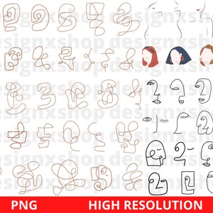 May include: A set of 40 digital line art illustrations featuring abstract faces and abstract shapes. The illustrations are in black and brown.