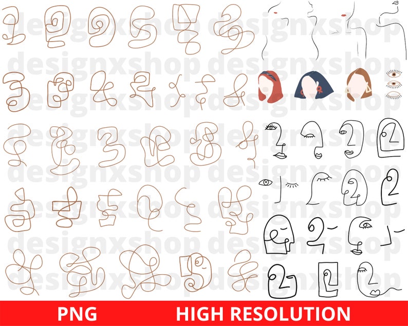 May include: A set of 40 digital line art illustrations featuring abstract faces and abstract shapes. The illustrations are in black and brown.