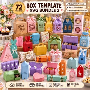 Pode incluir: Uma coleção de 72 modelos de caixas em várias formas, cores e padrões, incluindo caixas de presente com recortes, fitas e etiquetas. O conjunto apresenta caixas de papel em rosa, azul, verde, amarelo e roxo, algumas com designs de corações, borboletas ou flocos de neve, adequadas para lembrancinhas e projetos de artesanato.