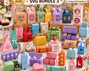 Gift Box SVG Bundle, Paper Box Template Svg, Favor Box Cut Files, Cricut Gift Packaging, Treat Box Svg, DIY Gift Box Png, Candy Box - Set 3