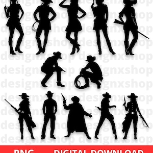 Op de afbeelding: Een set van tien zwarte silhouetbeelden van cowboys en cowgirls in verschillende poses. De afbeeldingen zijn in een digitaal downloadformaat.