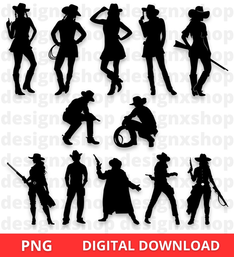 Op de afbeelding: Een set van tien zwarte silhouetbeelden van cowboys en cowgirls in verschillende poses. De afbeeldingen zijn in een digitaal downloadformaat.
